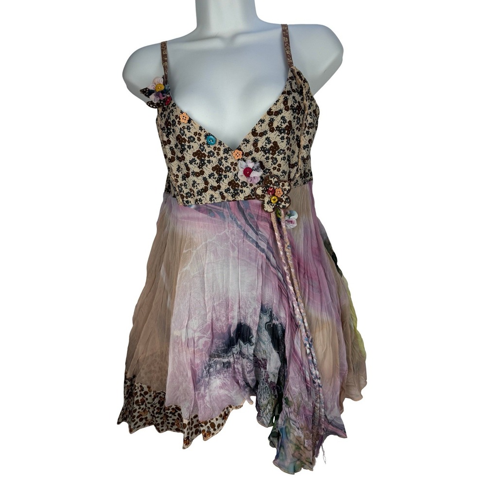 Boho Mixed Floral Watercolor Asymmetrical Mini Dress 3D Flower Accents Small